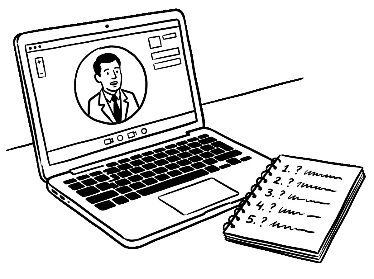 Notebook com um founder em chamada de vídeo e um caderno com perguntas numeradas
