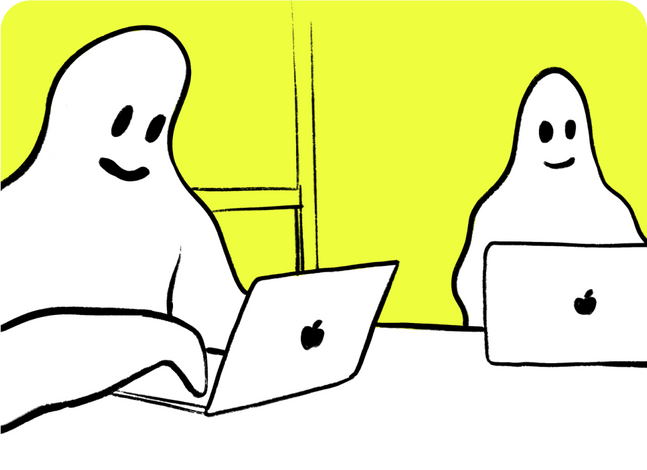 Desenho de dois fantasmas trabalhando em notebooks