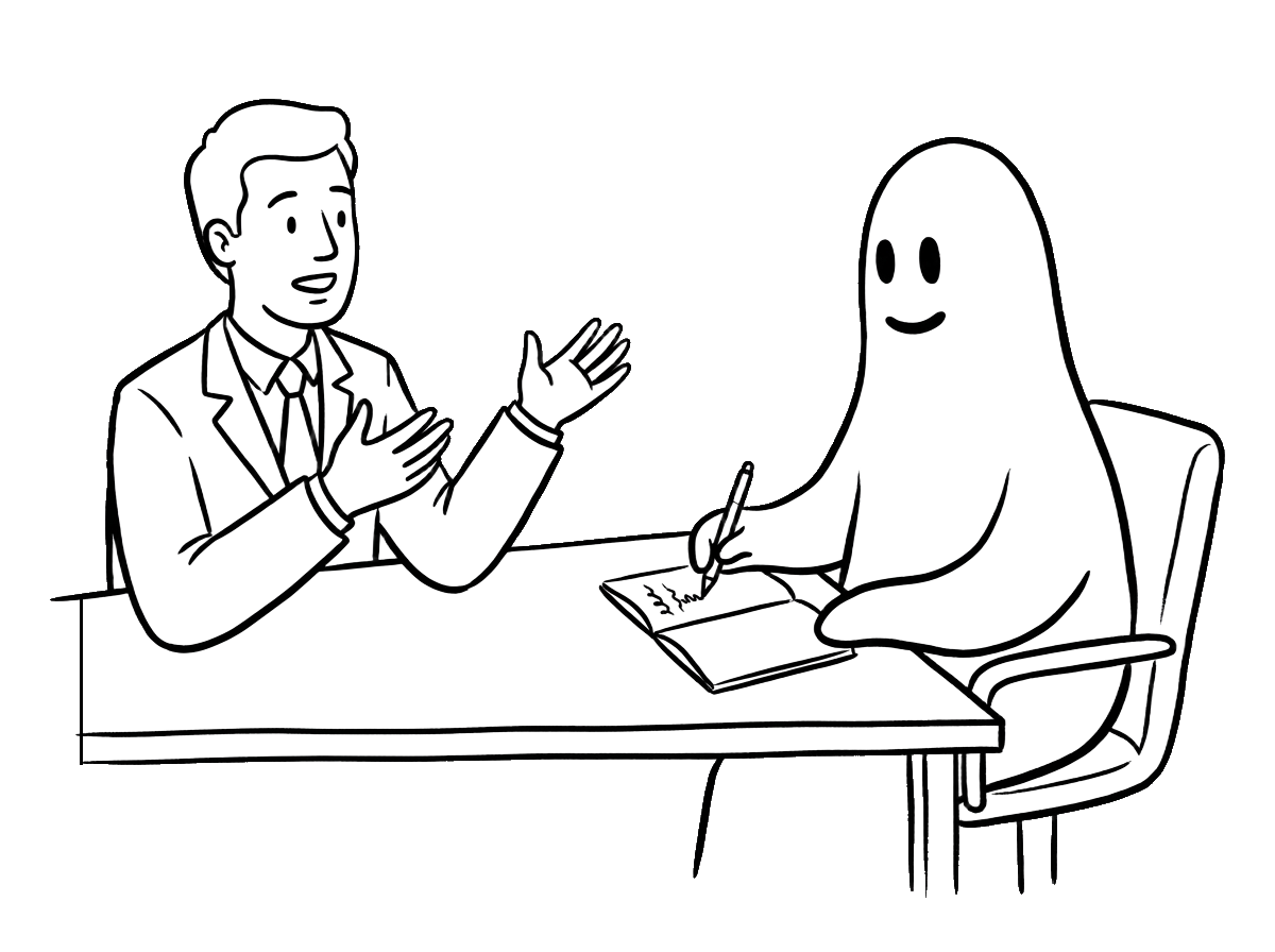 Fantasma anotando num caderno enquanto um founder explica o que quer do LinkedIn