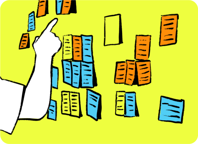 Desenho de uma mão apontando para post-its coloridos colados na parede