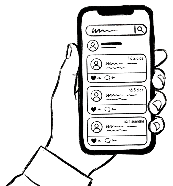 Celular mostrando um perfil profissional com posts publicados nos últimos dias