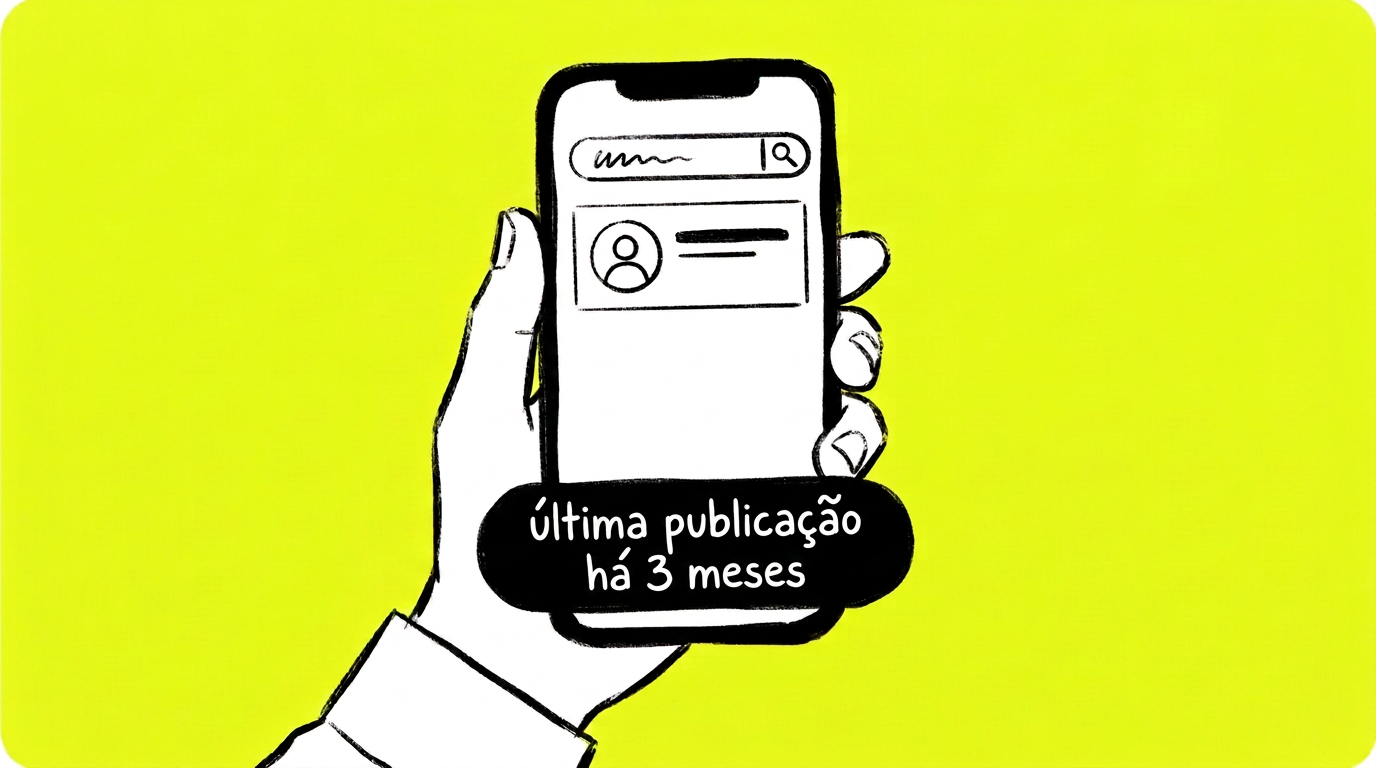 Celular mostrando um perfil profissional com a última publicação há 3 meses
