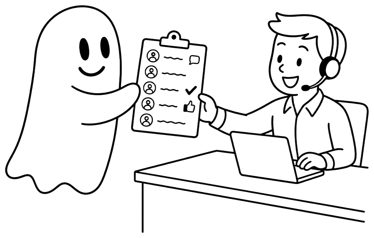 Fantasma entregando uma lista de pessoas que interagiram para um vendedor com fone e notebook